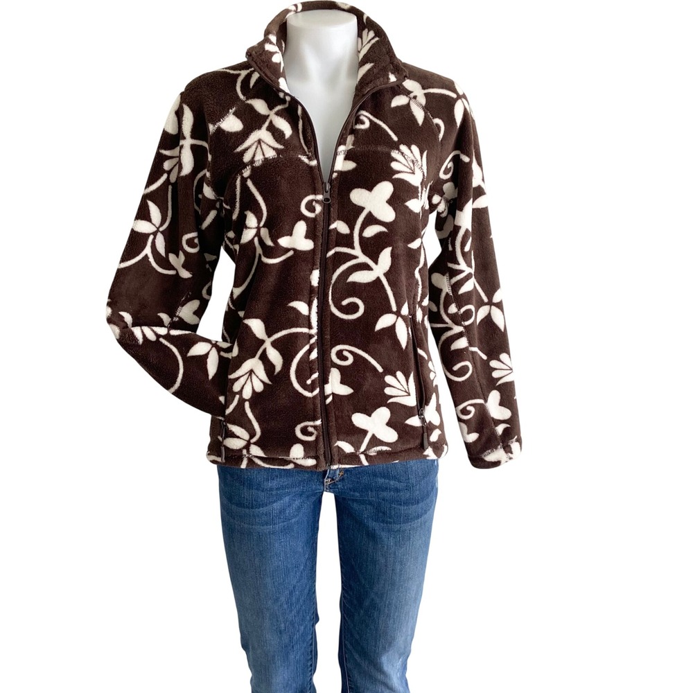 Natural Reflections Brown Floral Fleece Full Zip Jacket Womens Small Mock Neck